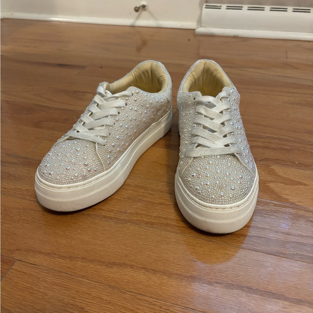 Betsey Johnson Ivory Crystal Embellished Platform Sneakers